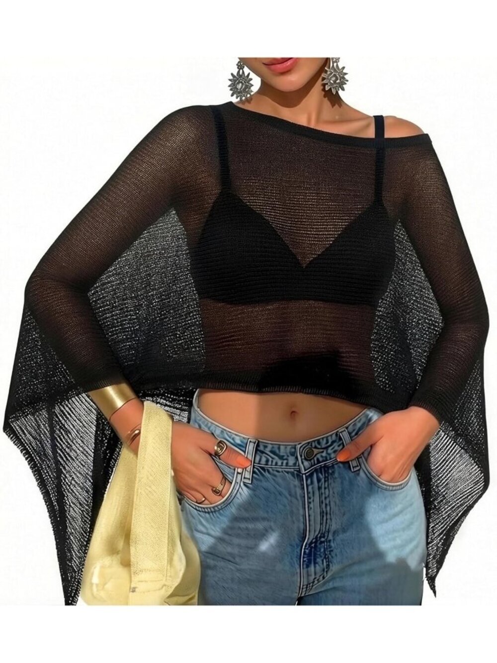 Women's Dark Black Sheer Poncho Top Lightweight Knit Crochet Shrug Bolero Mesh